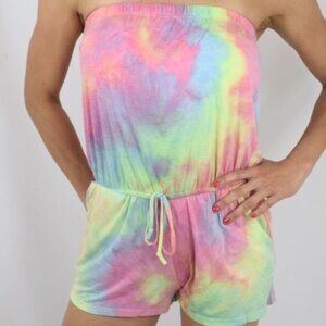Women's Bohemian Summer Tube Top Strapless Pastel Tie Dye Romper with Pockets